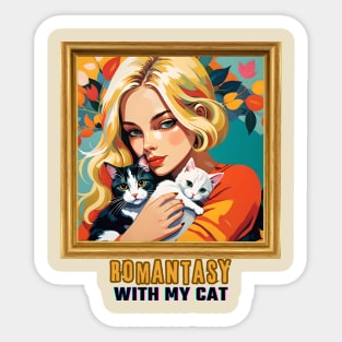 Romantasy with my Cat (blond girl holding two cats) Sticker